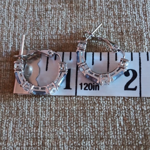 Silver Tone Rhinestone Lever Back Hoop Earrings - Picture 2 of 7